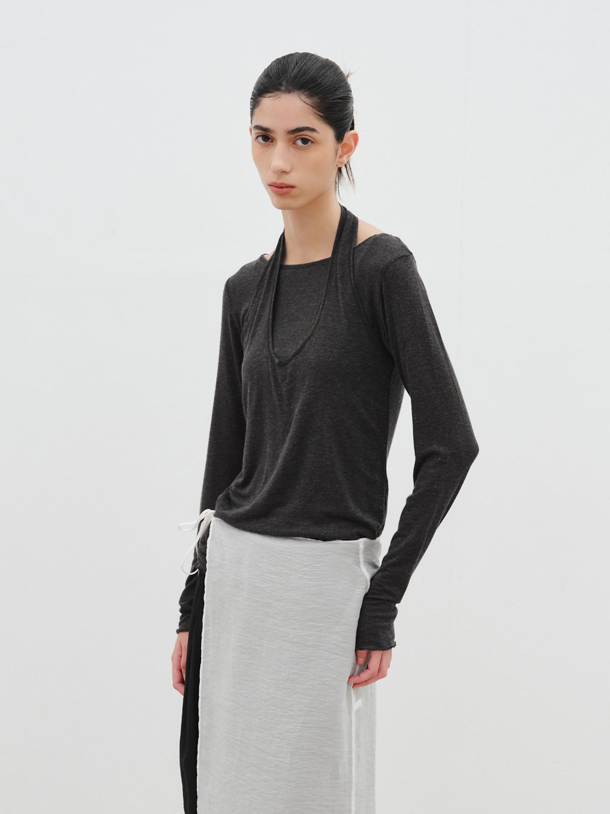 리플레인(REPLAIN) LAYERED HALTER JERSEY TOP_CHARCOAL