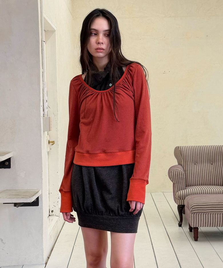 BUTTON ANGORA BLEND ASYM HENLEY T-SHIRT / persimmon