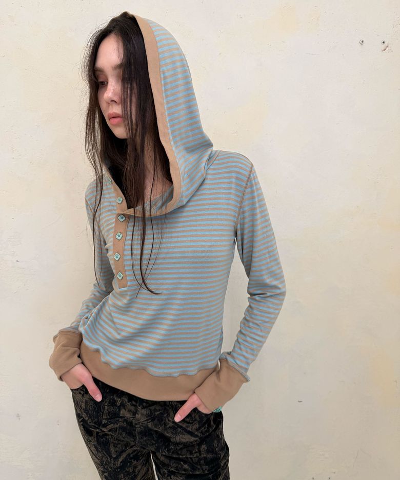 BUTTON STRIPE ASYM HOODED T-SHIRT / mint