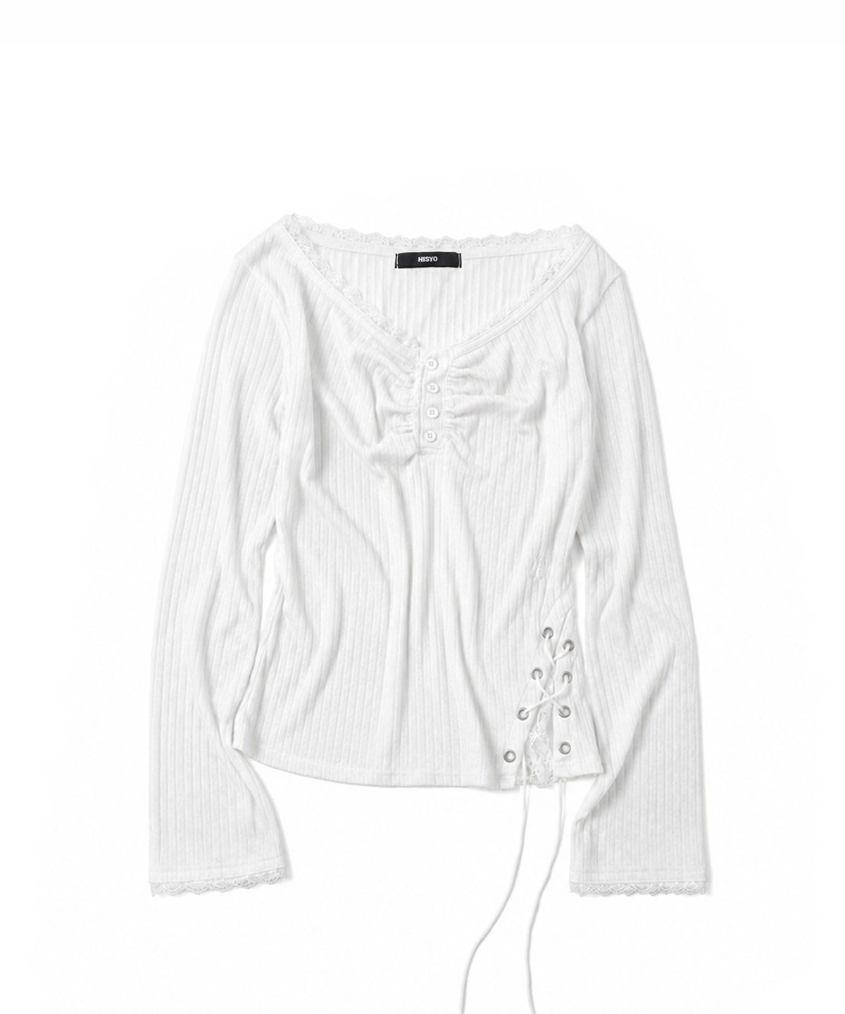 히쇼(HISYO) Lace Panel Henley Long Sleeve - White