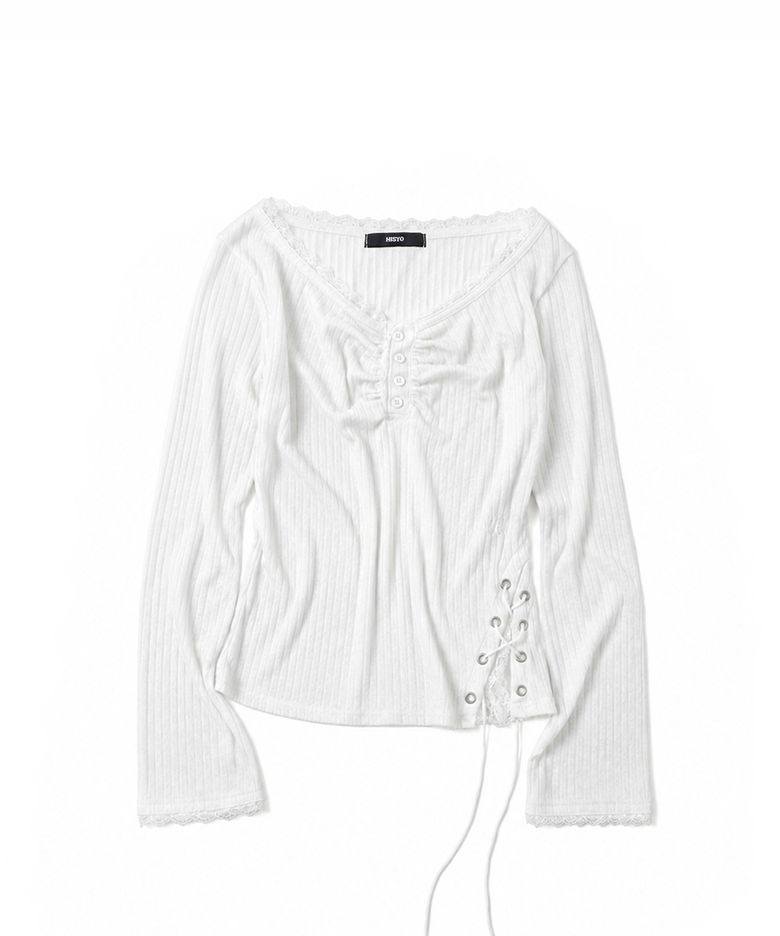 Lace Panel Henley Long Sleeve - White