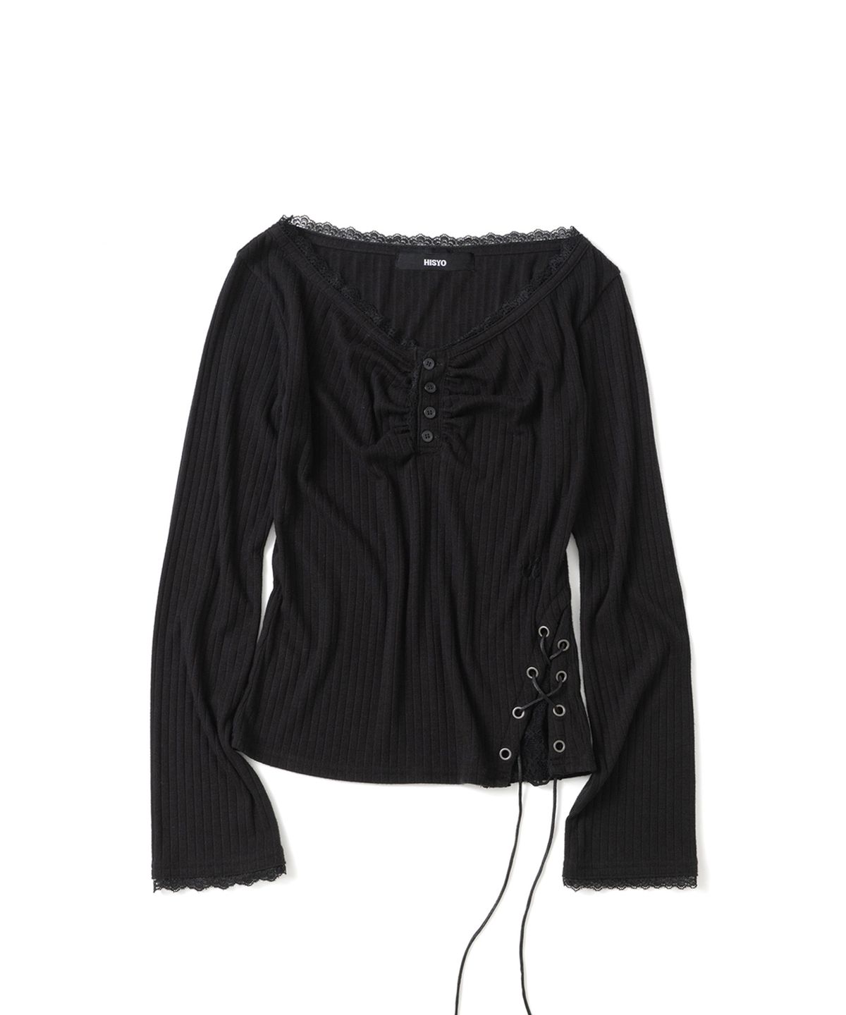 히쇼(HISYO) Lace Panel Henley Long Sleeve - Black