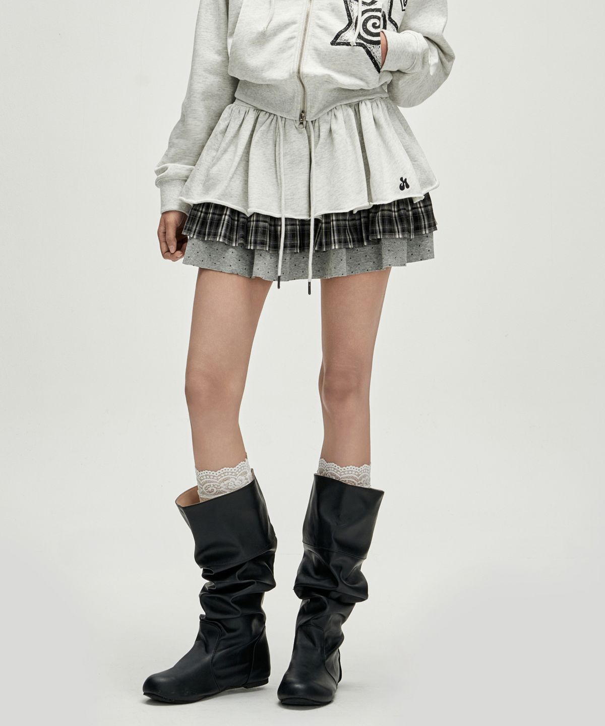 히쇼(HISYO) Cancan Mixed Pattern Skirt - Light Grey