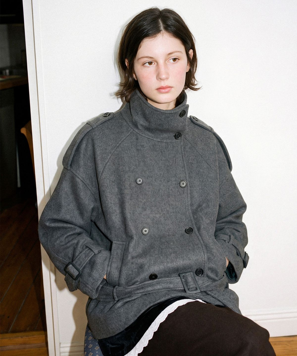 시눈(SINOON) Wool Half Trench Coat (Charcoal)