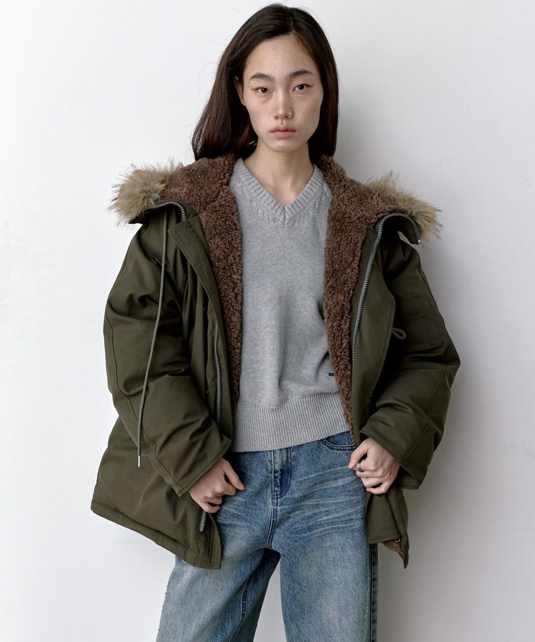 퍼 후드 야상 하프 패딩 카키 MDJP031KHAKI