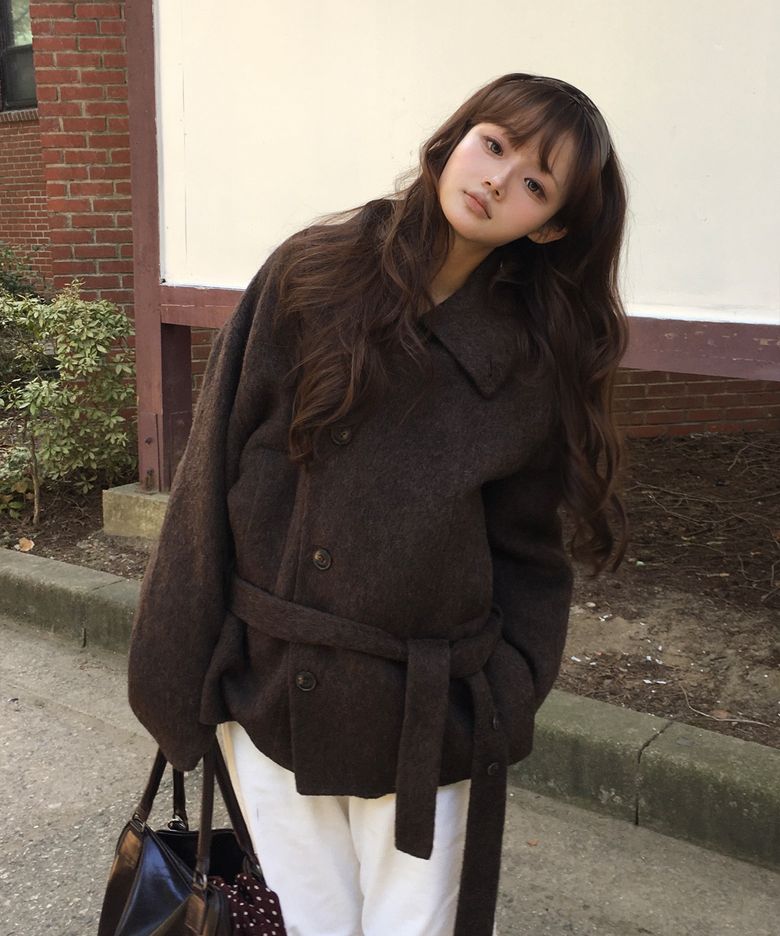 [김설/이나 착용] 울 알파카 핸드메이드 벨티드 숏 코트 브라운 MDCT020BROWN