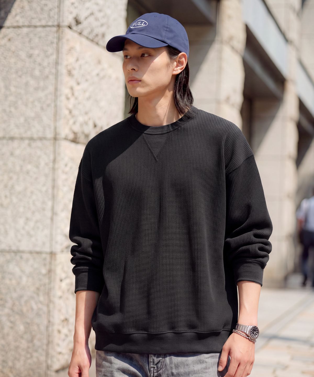퍼스텝(PERSTEP) 킨들링 피그먼트 와플 맨투맨 워시드블랙 JUMT4781