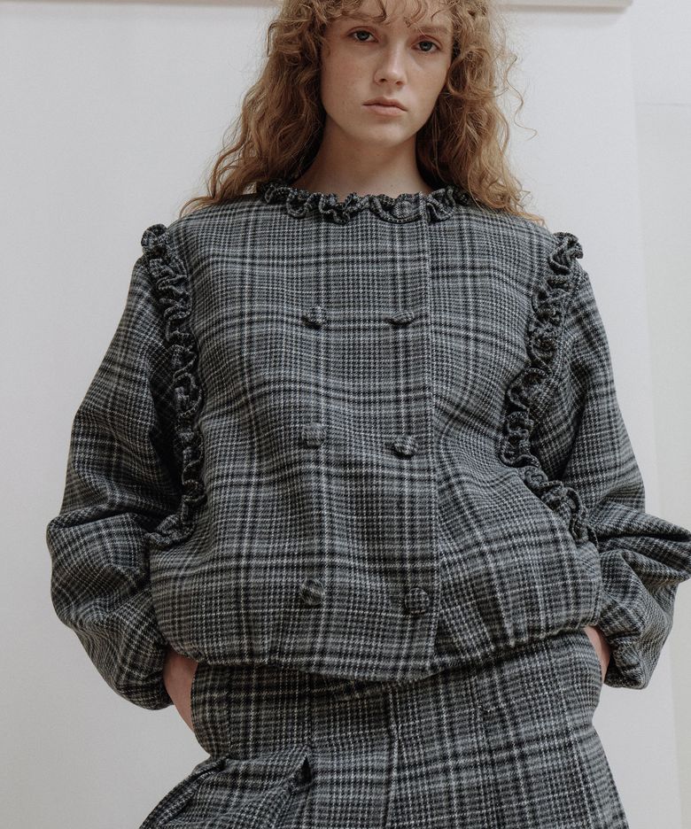 FRINGE CROP JACKET - BLACK CHECK