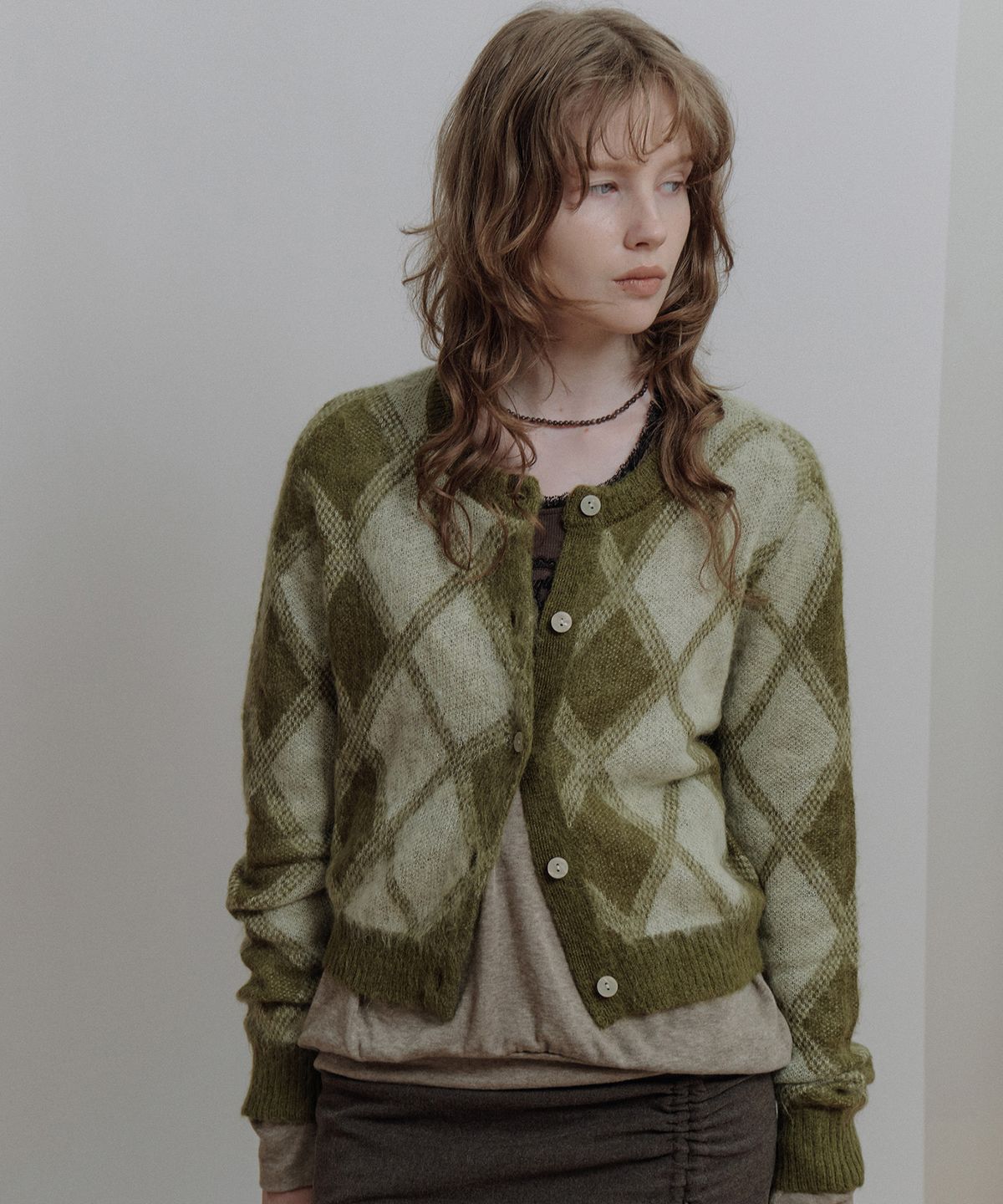 에핑글러(EPINGLER) ARGYLE CARDIGAN - MATCHA CREAM