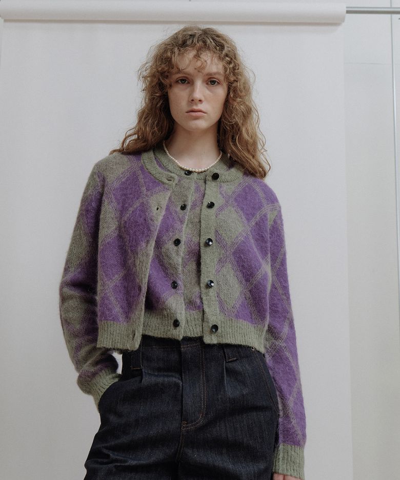 ARGYLE CARDIGAN - KHAKI PURPLE