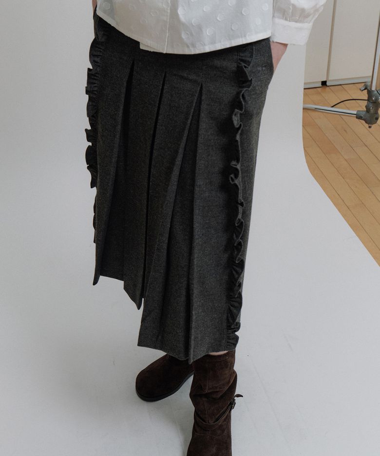 LONG FRINGE PLEATED SKIRT - WOOL GREY