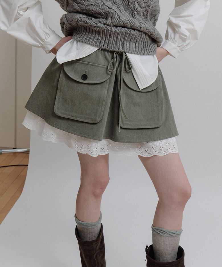 WASHED CARGO LACED SKIRT - KHAKI