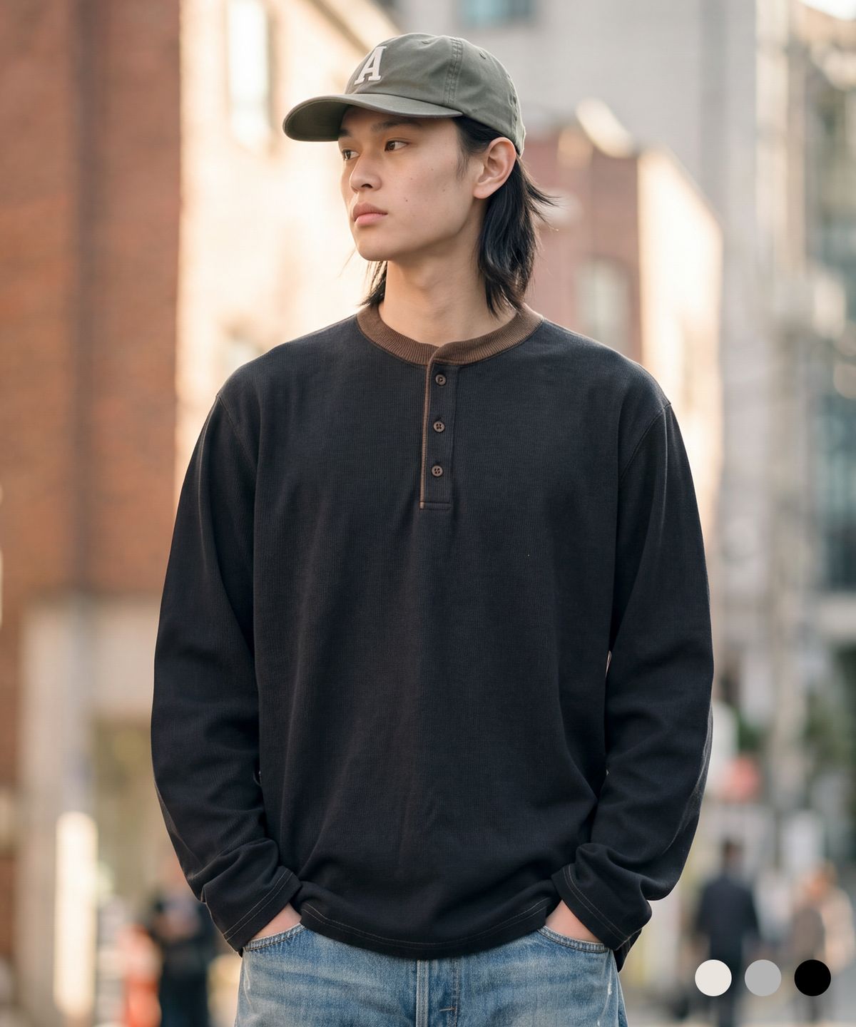 퍼스텝(PERSTEP) 그로빈 헤비 헨리넥 긴팔티 블랙 JULT4790