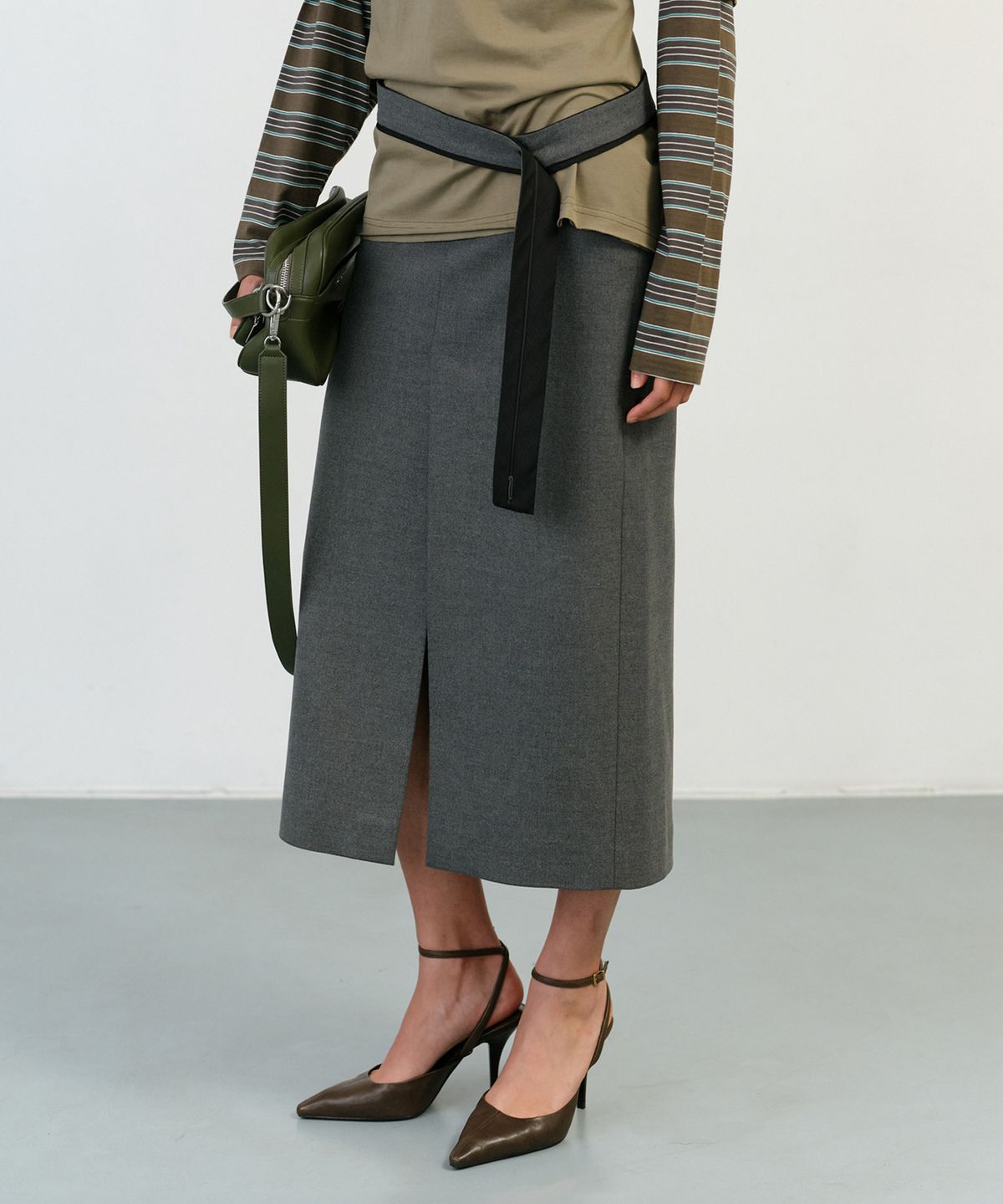 인스턴트펑크(INSTANTFUNK) TIE BELTED LONG SKIRT - GREY