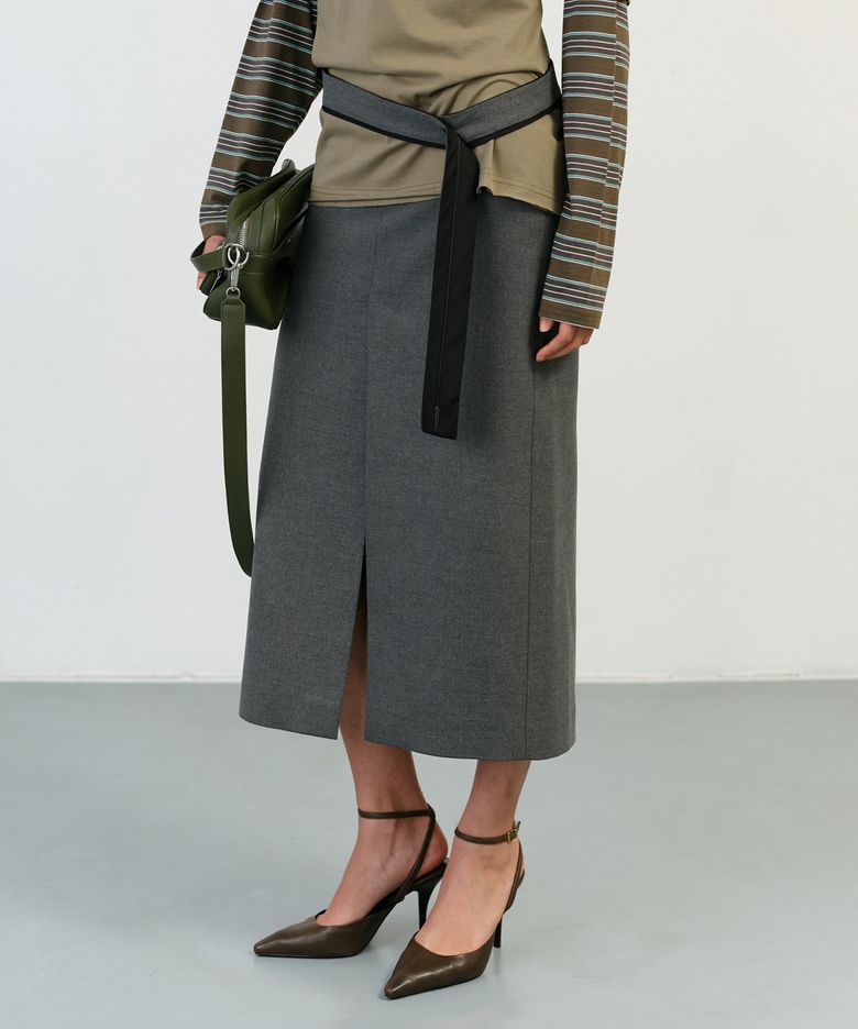 TIE BELTED LONG SKIRT - GREY