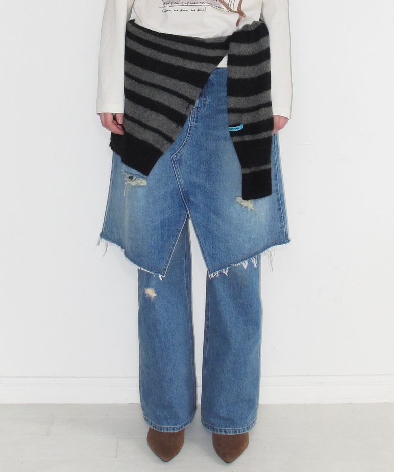 H LINE SLIT DENIM SKIRT - BLUE