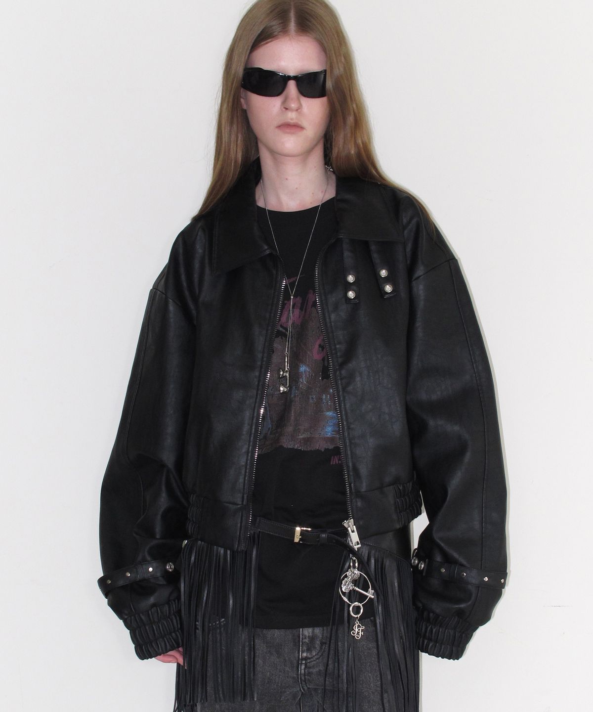 인스턴트펑크(INSTANTFUNK) CROPPED STRAP LEATHER JACKET - BLACK