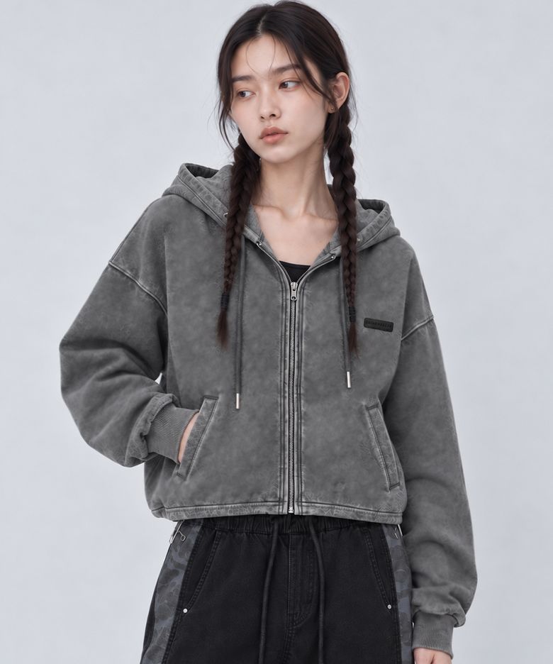 피그먼트 가죽 패치 크롭 후드 집업 차콜