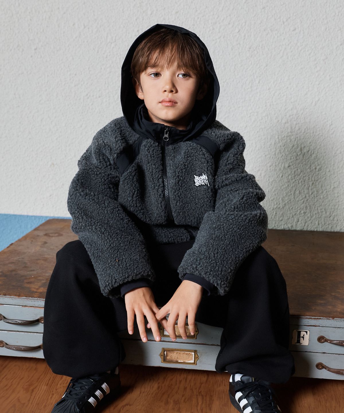 브라운브레스 키즈(BROWNBREATH KIDS) KIDS WOVEN MIX FLEECE JACKET - CHARCOAL