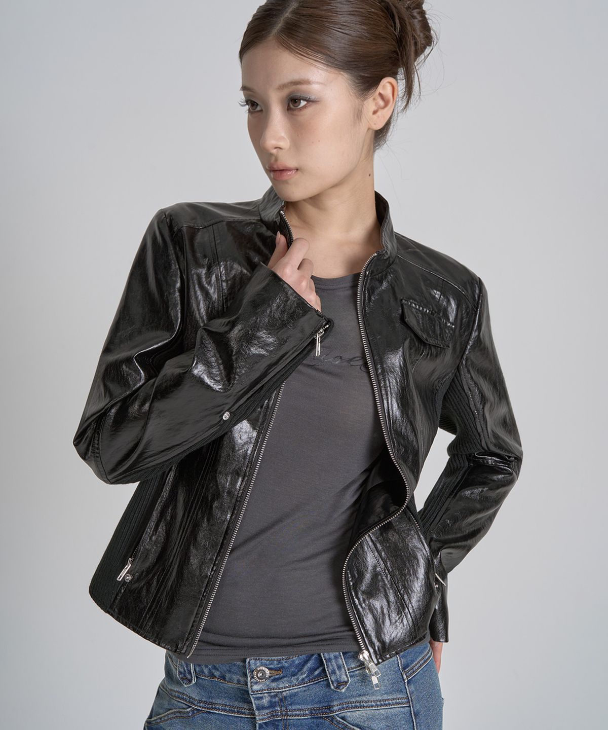 지제뮤지엄(ZIZEMUSEUM) RIBBED SLIM LEATHER JACKET (BLACK)