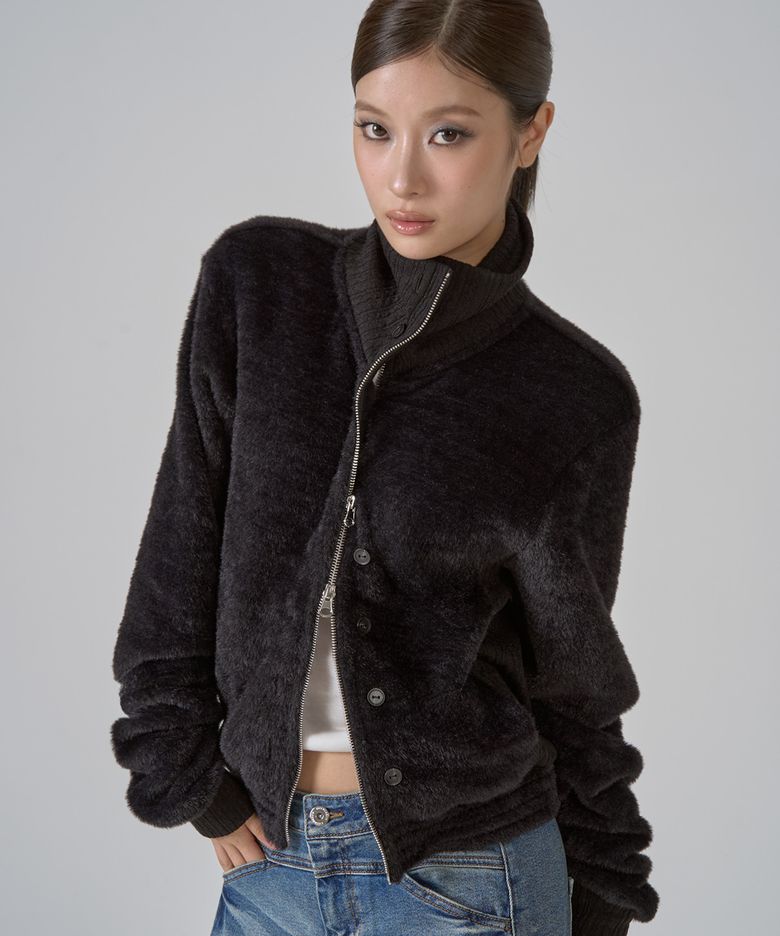 CROPPED HIGH NECK KNIT ZIP-UP (BLACK)