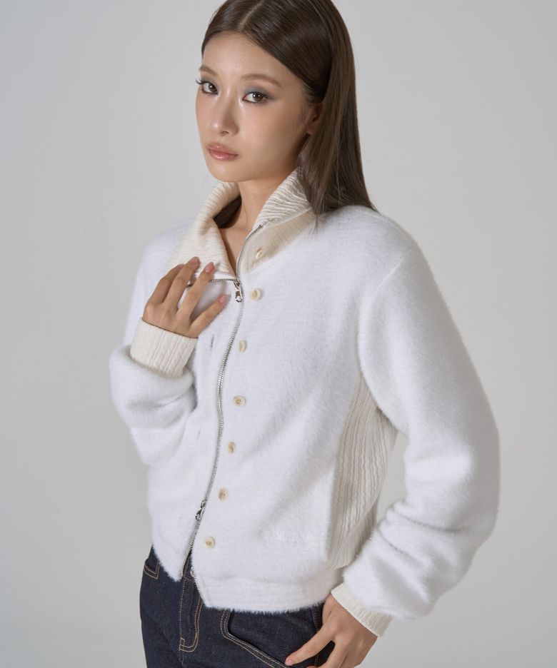 CROPPED HIGH NECK KNIT ZIP-UP (WHITE)