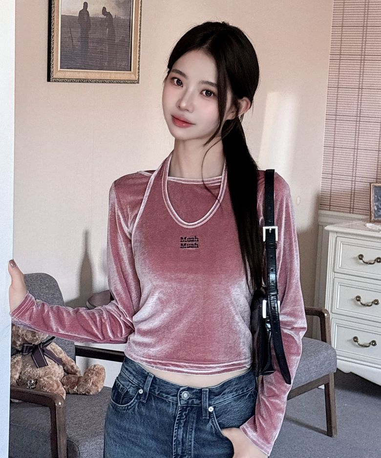 [SET] 벨벳 홀터넥 레이어드 긴팔티 [핑크]