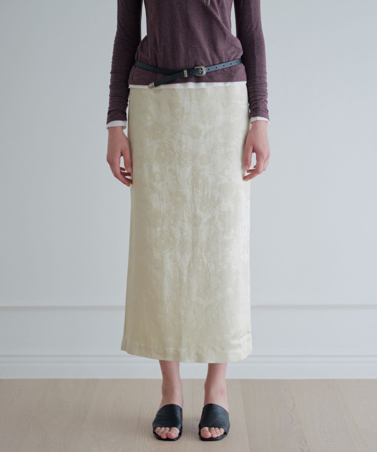 그라스플랜(GRASPLAN) Floral Jacquard Satin Long Skirt_Green
