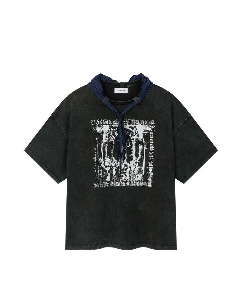 Cotton Faded washed Re-Work Scarf T-Shirts (Black)