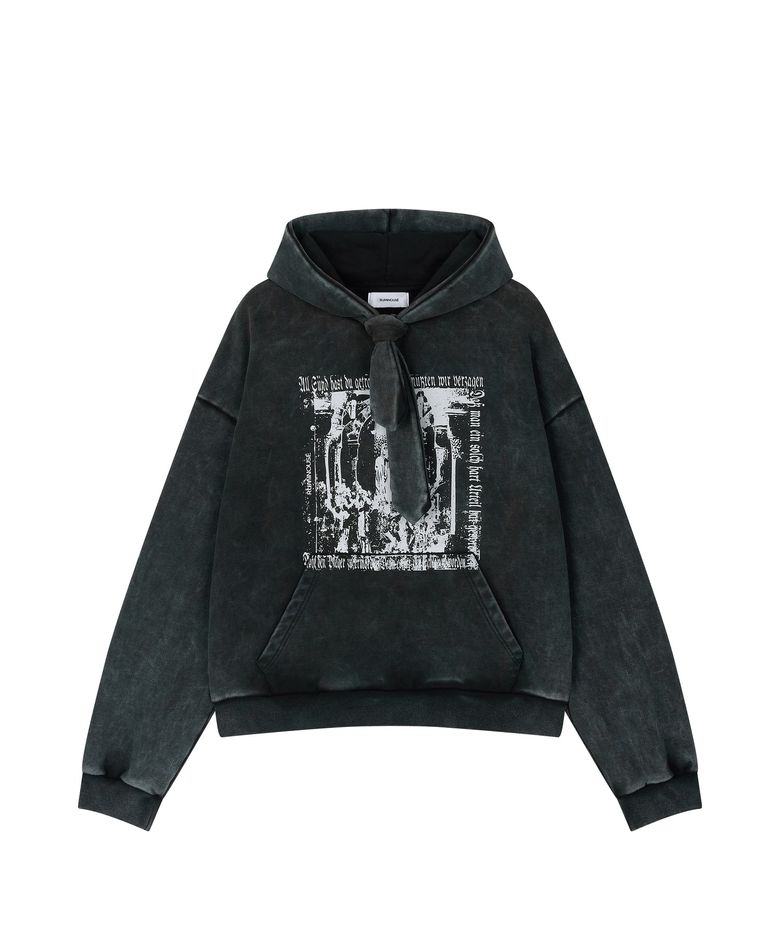 Cotton Faded washed Fake Scarf hoodie (Black)