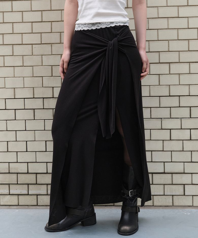 Tie Wrap Drape Long Skirt (Black)