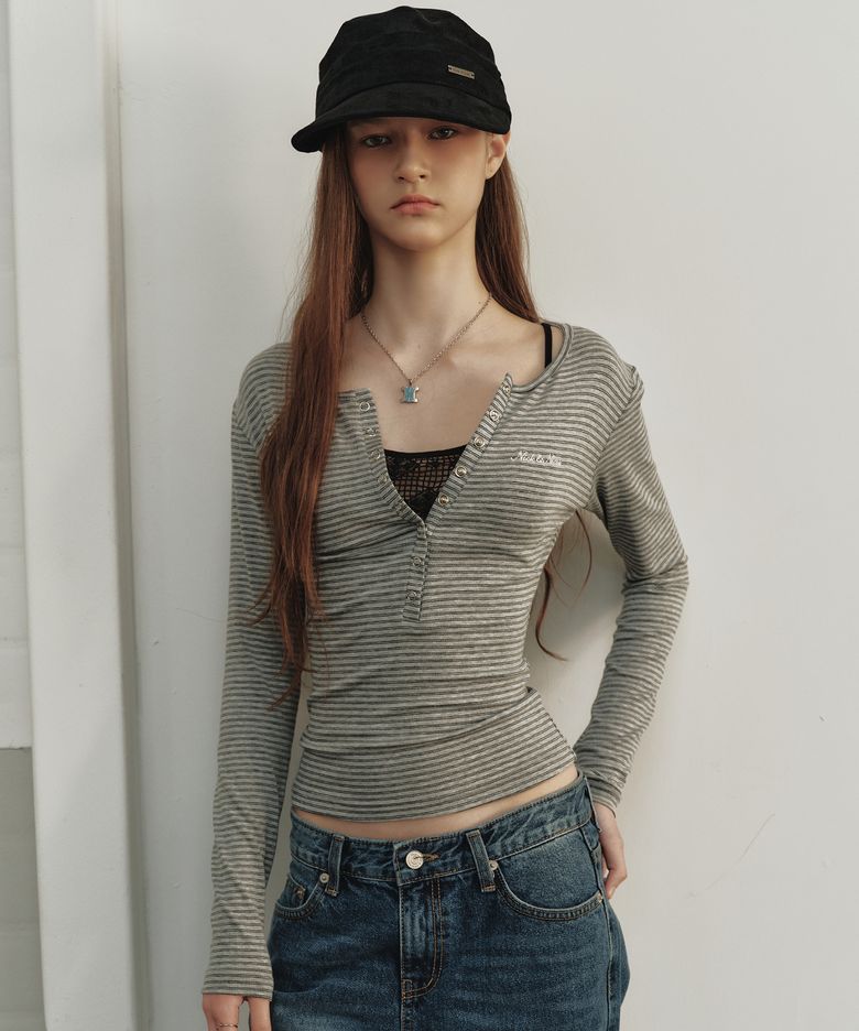 STRIPED HENLEY NECK TOP_GRAY