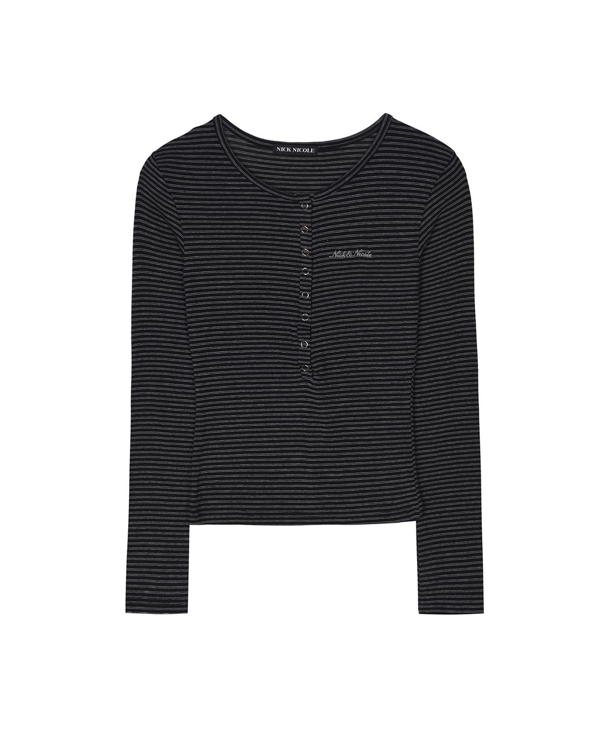 닉앤니콜(NICK&NICOLE) STRIPED HENLEY NECK TOP_BLACK