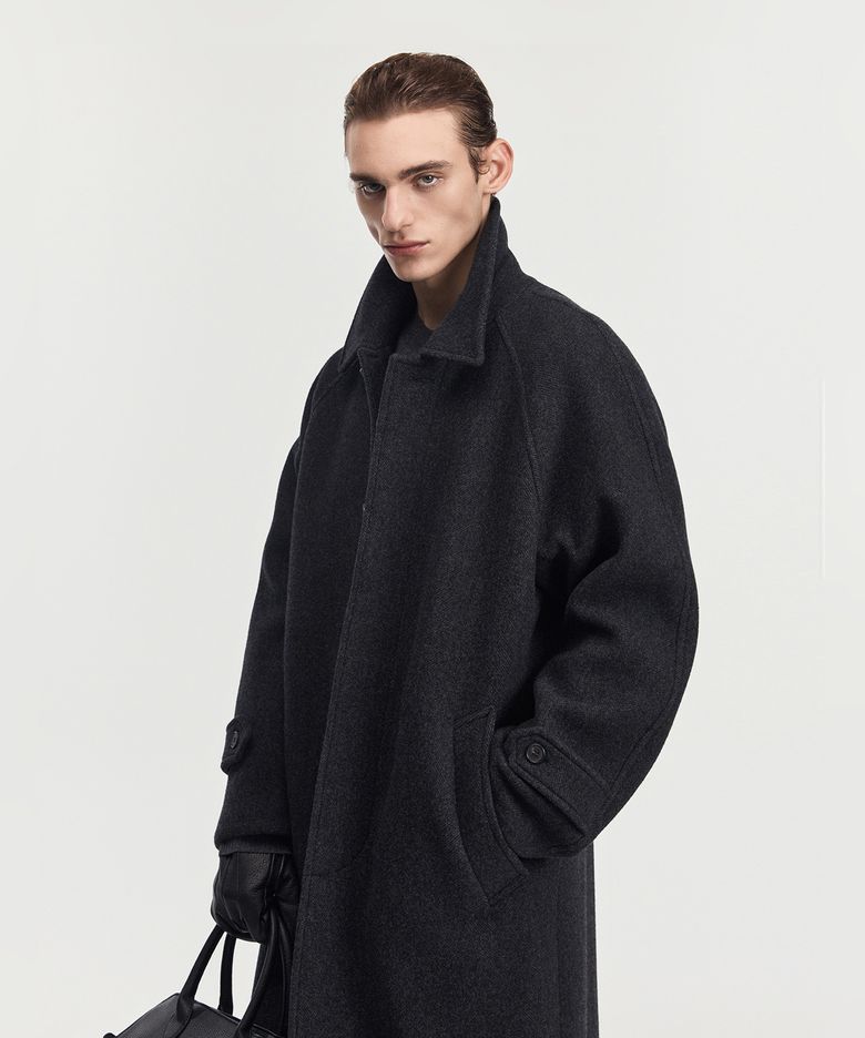Virgin Wool Herringbone Balmacaan Coat (Dark Grey) TNCO6F100CG