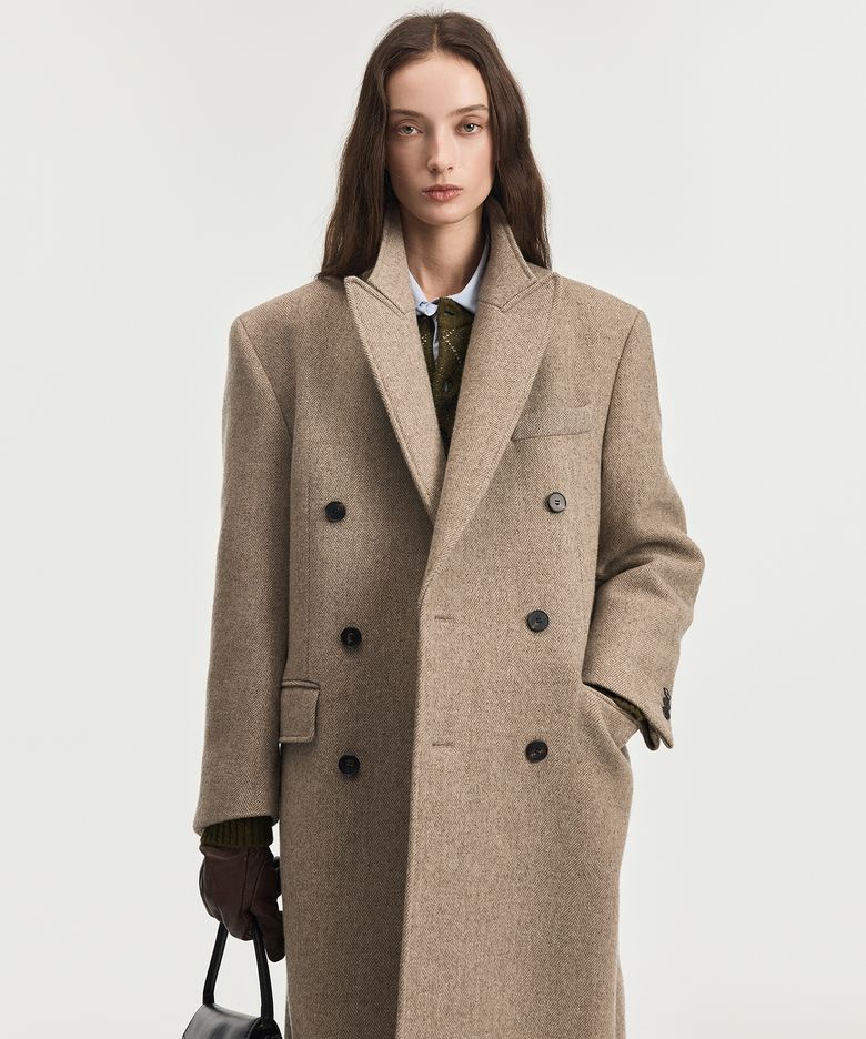 W Herringbone Tailored Double Coat (Greyish Beige) TNCO6F102I2