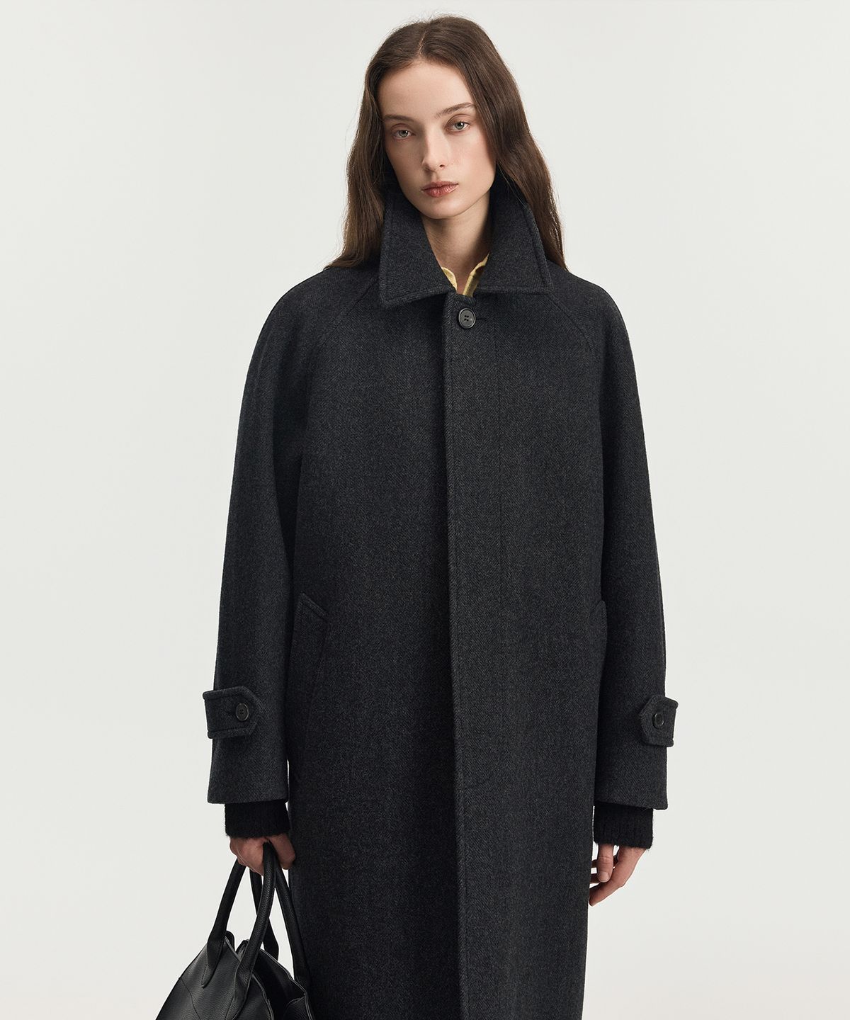 티엔지티 우먼(TNGT WOMAN) W Virgin Wool Herringbone Balmacaan Coat (Dark Grey) TNCO6F100CG