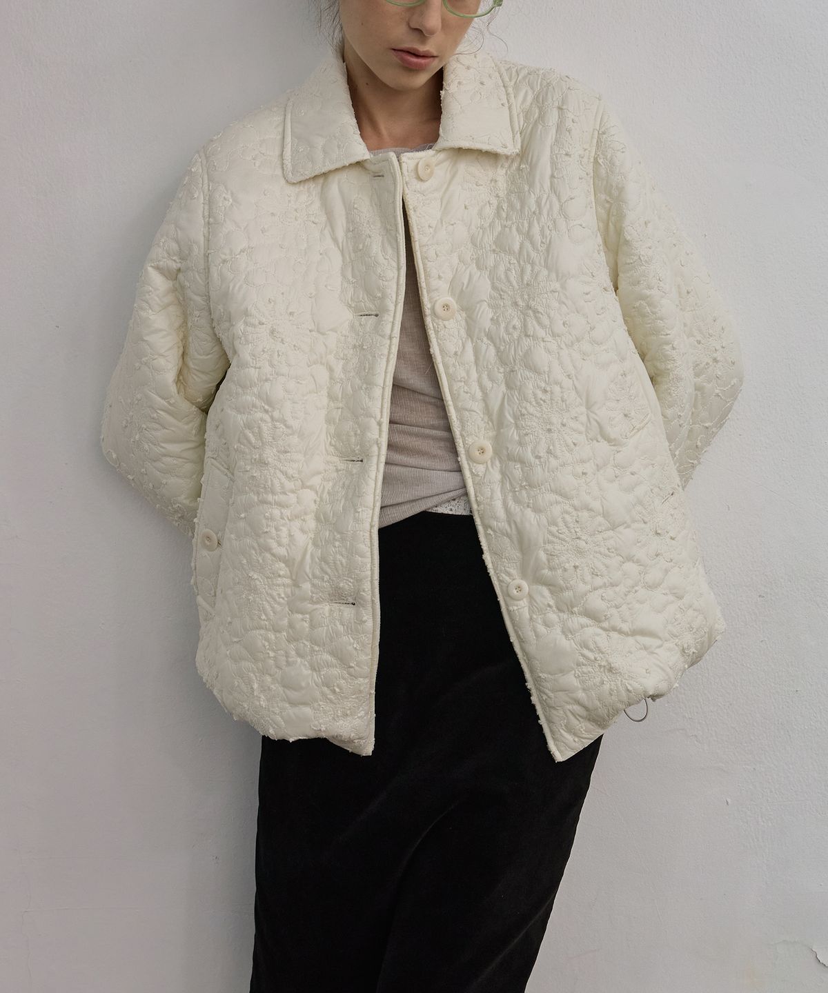 엘무드 우먼(LMOOD WOMEN) COCOON Floral Quilted Jacket Cream