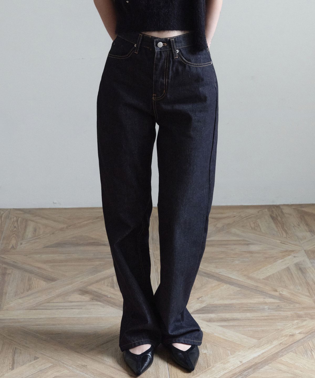 니브(NEEV) Non-Fade Stripe Wide Straight Jeans (Navy)