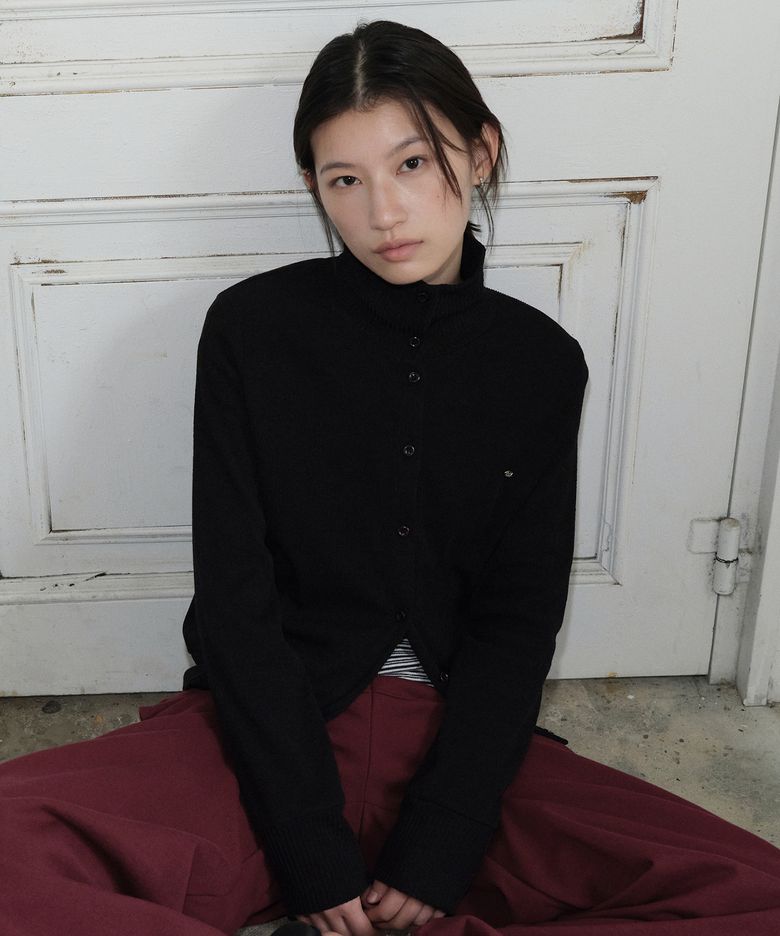 High Neck Knit Jersey Cardigan (Black)