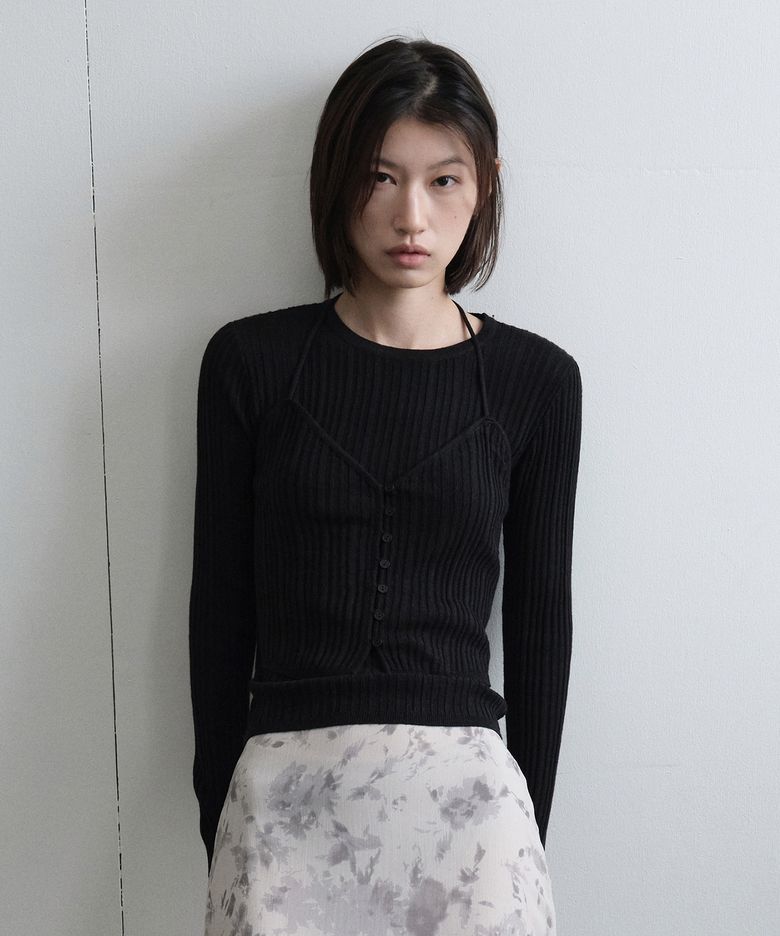 Button Halter Neck Layered Rib Knit (Black)