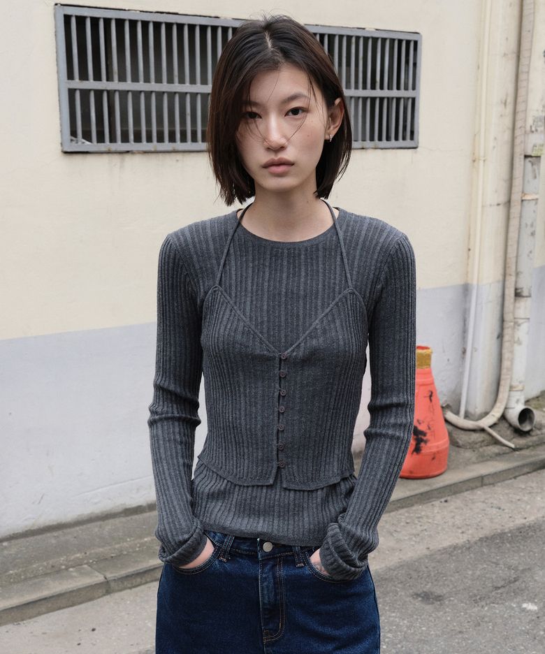 Button Halter Neck Layered Rib Knit (Charcoal)