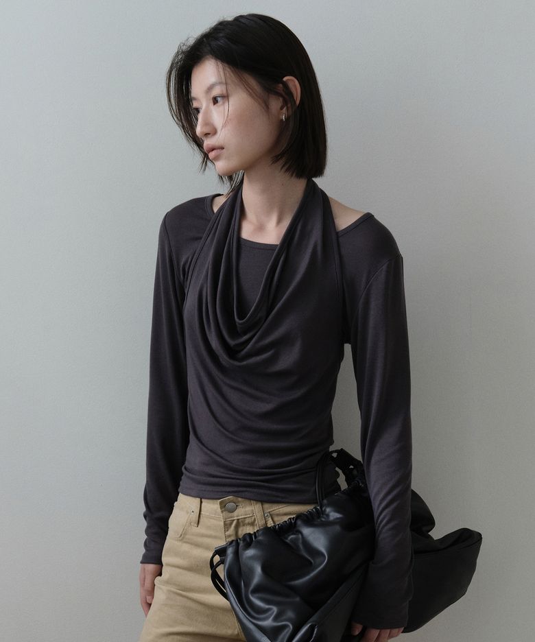 Drape Halter Neck Layered T-Shirt Set (Charcoal)