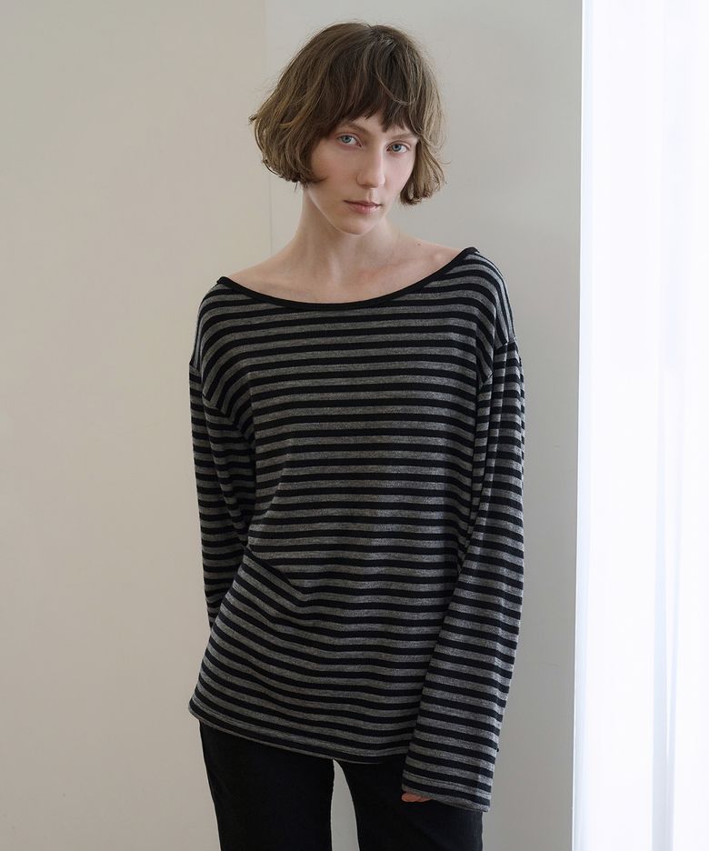 Stripe contrast one-shoulder T-shirt_Black