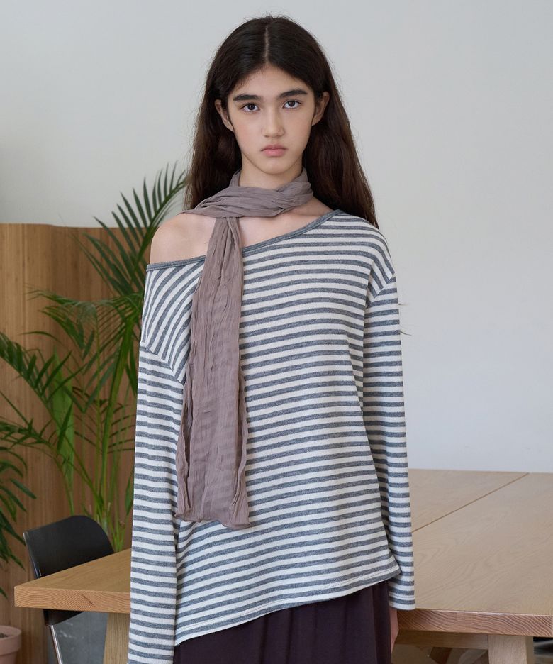 Stripe contrast one-shoulder T-shirt_Gray