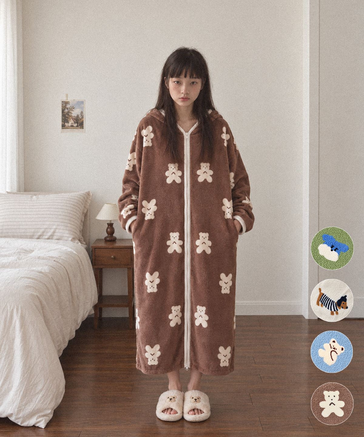 데데리트(DEDERIT) 극세사 동물 롱 후드 집업 로브 잠옷 파자마 홈웨어