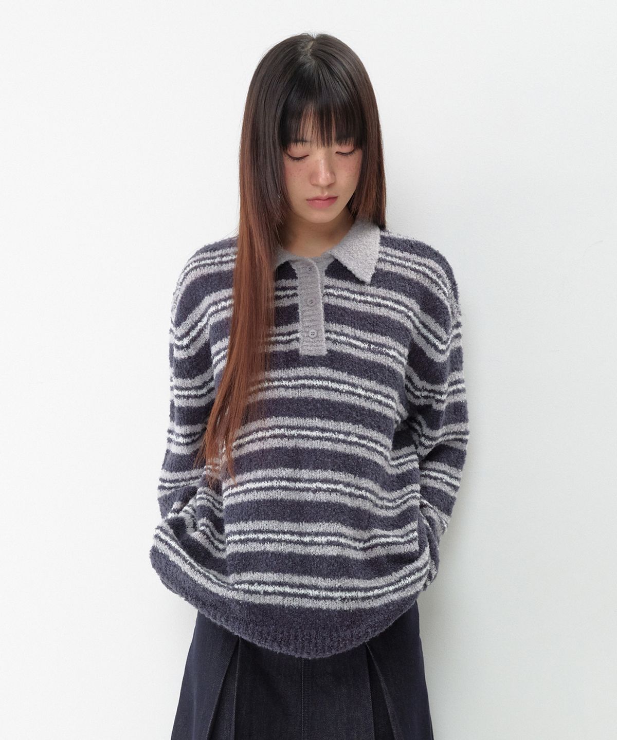 아메스 월드와이드(AMES-WORLDWIDE) BUTTON COLLAR STRIPE KNIT NAVY