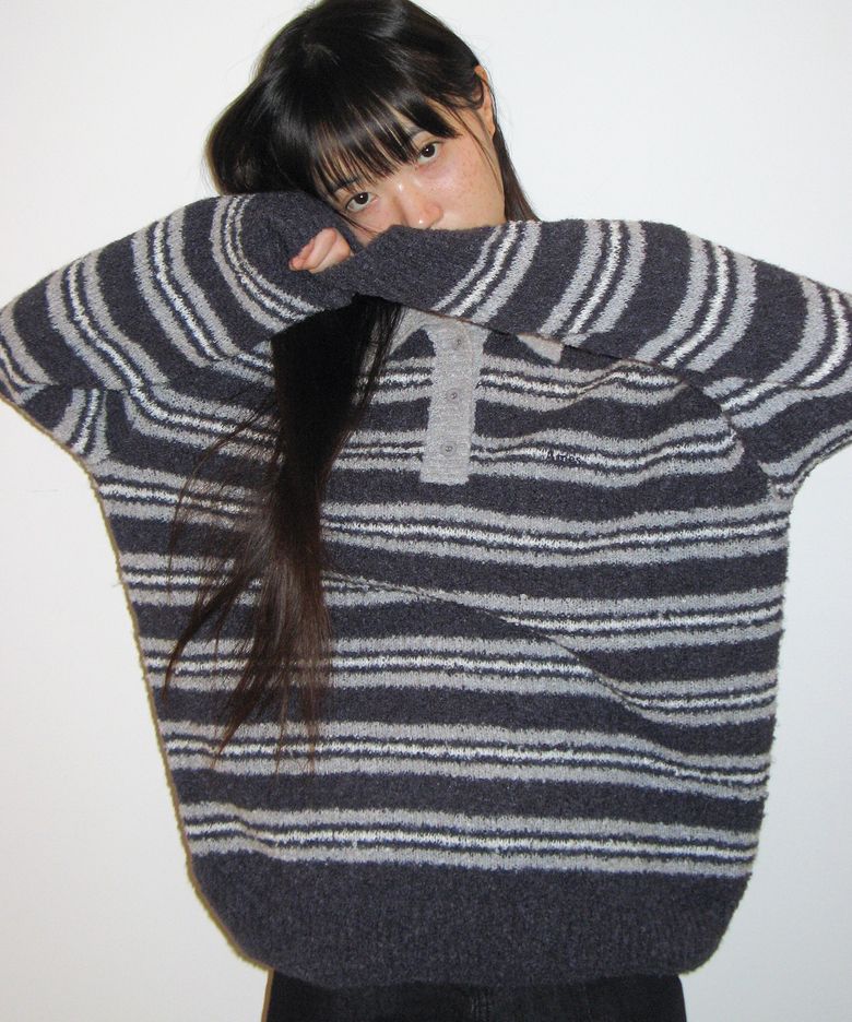 BUTTON COLLAR STRIPE KNIT NAVY