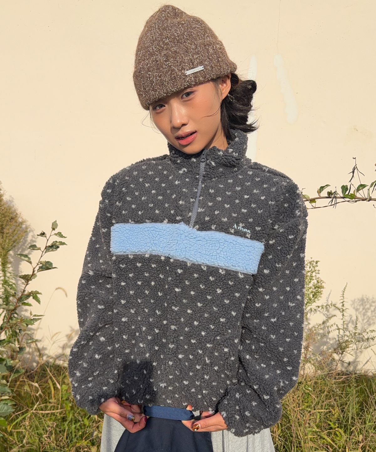 아메스 월드와이드(AMES-WORLDWIDE) COLOR BLOCK FLEECE ANORAK CHARCOAL