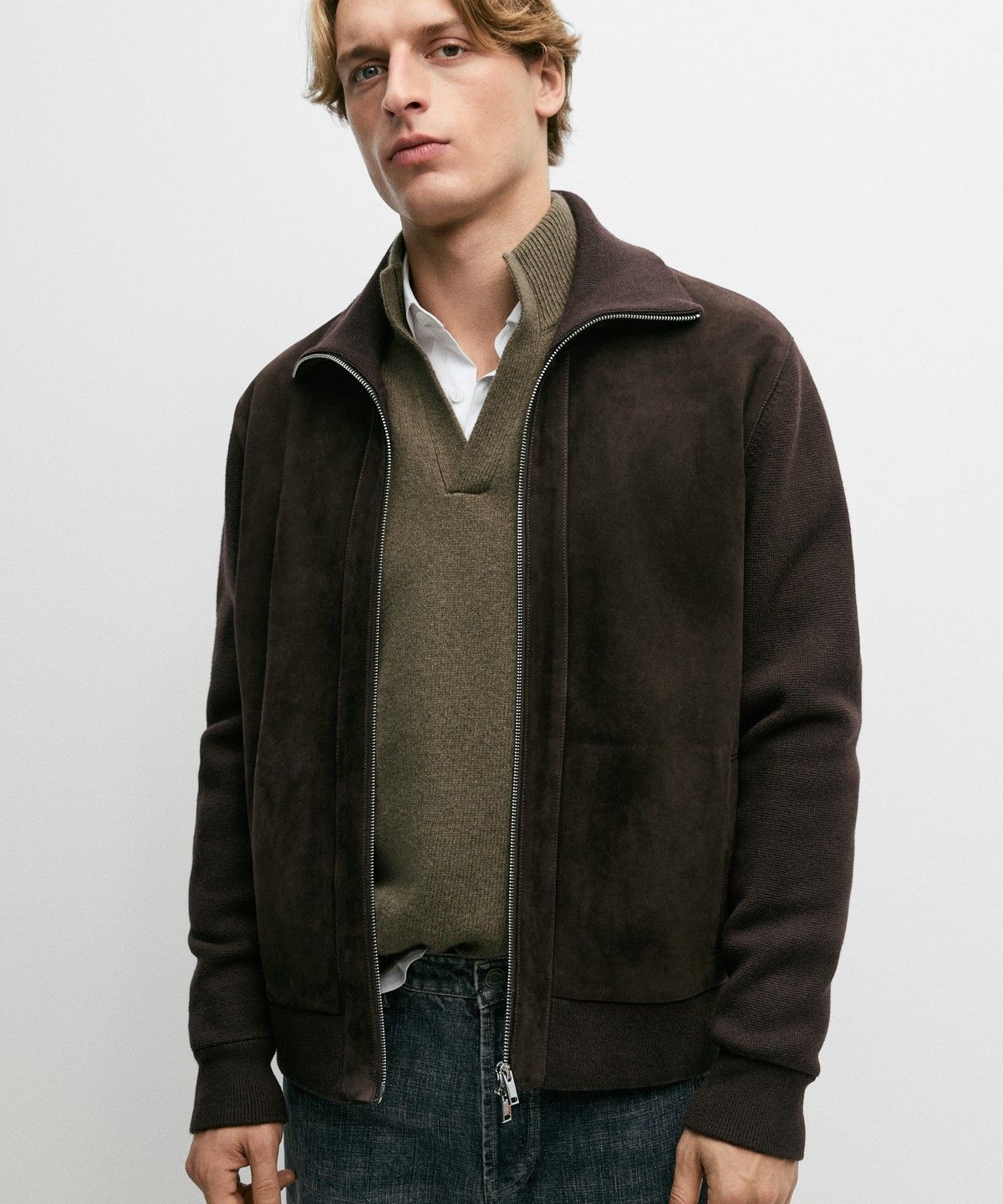 마시모두띠(MASSIMO DUTTI) 믹스 소재 가죽 스웨이드 자켓