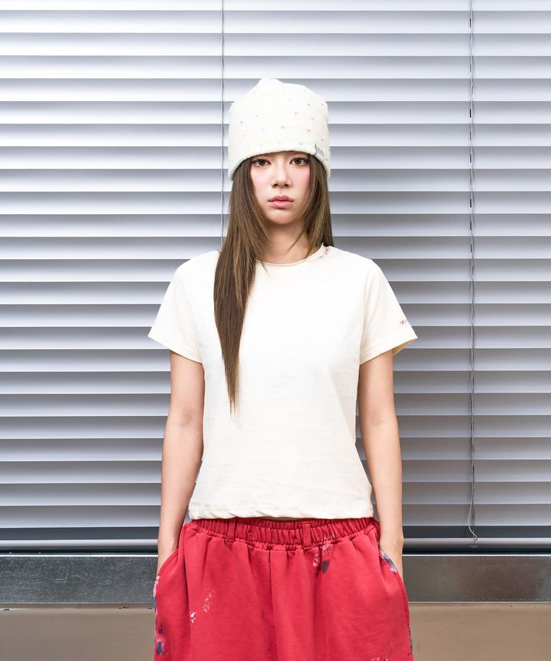 nn Label Dot Stripe Beanie Cream